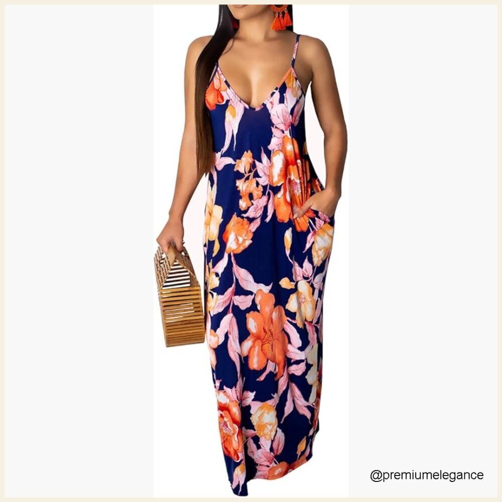 Plus Size Maxi Dress Sleeveless Floral Pockets Casual Summer Boho